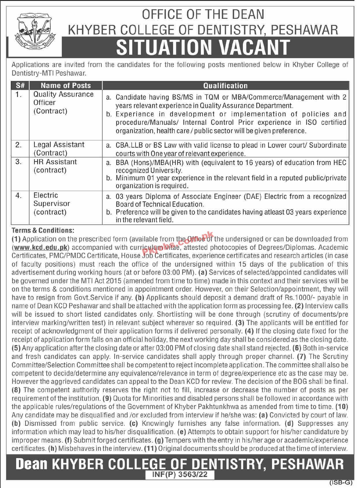 Jobs in Khyber College of Dentistry Peshawar