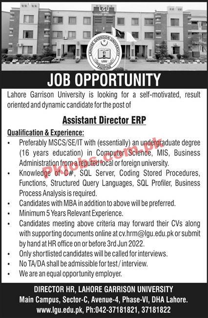 Jobs in LGU Lahore Garrison University