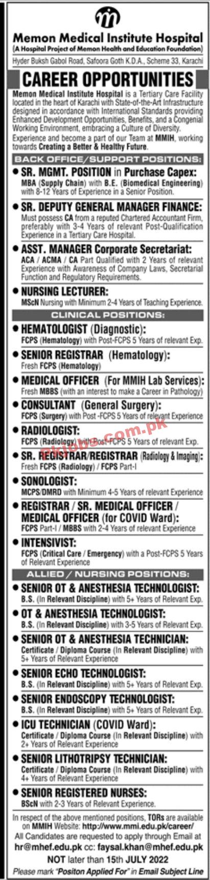 Jobs in Memon Medical Institute Hospital