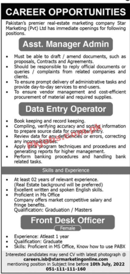 Jobs in Pakistan’s Premier Real Estate Marketing Company Star Marketing Pvt Ltd