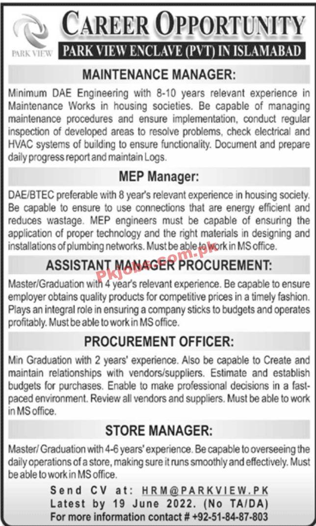 Jobs in Park View Enclave Pvt Islamabad