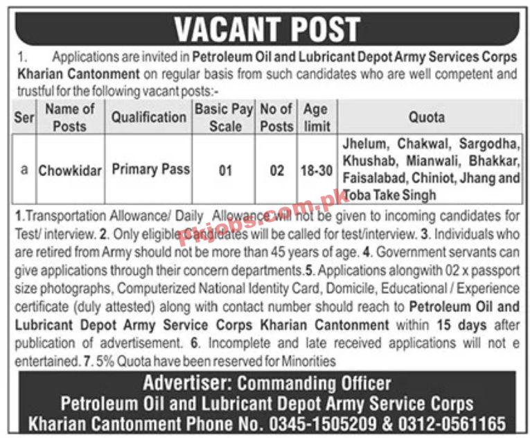 Jobs in Petroleum Oil and Lubricant Depot Army Services Corps Kharian Cantonment