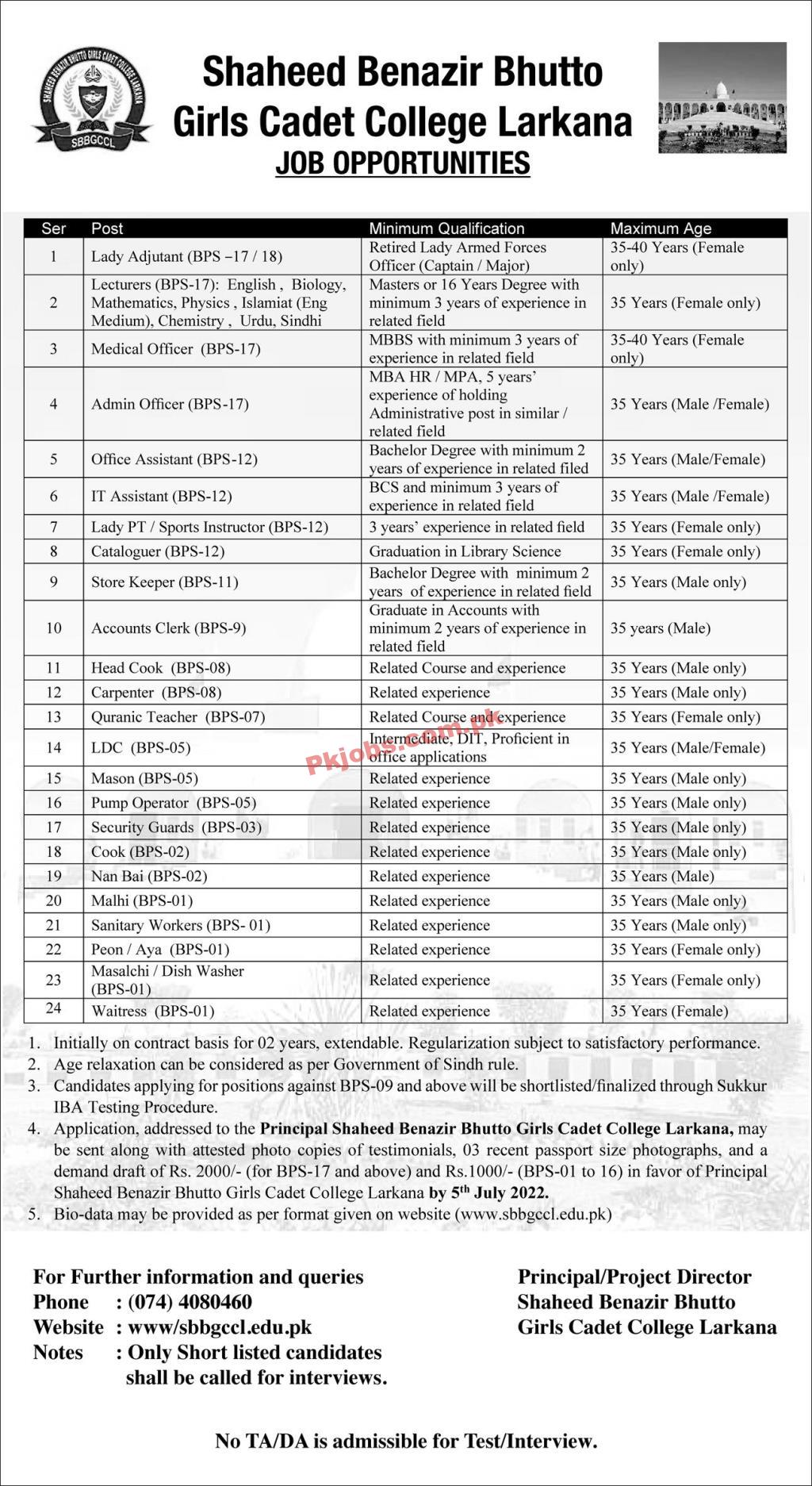 Jobs in Shaheed Benazir Bhutto Girls Cadet College Larkana