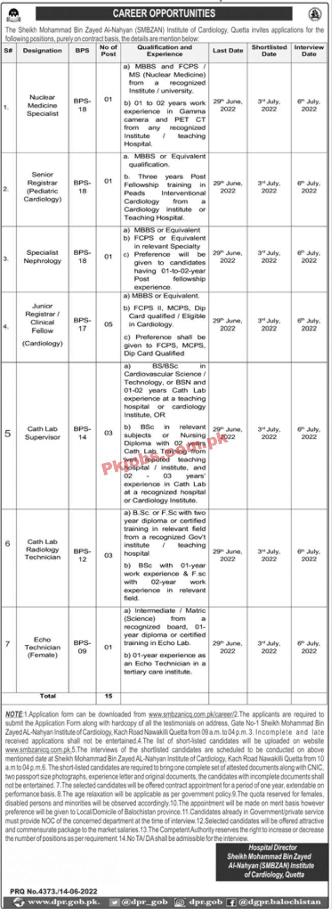 Jobs in The Sheikh Mohammad Bin Zayed Al-Nahyan Institute of Cardiology Quetta