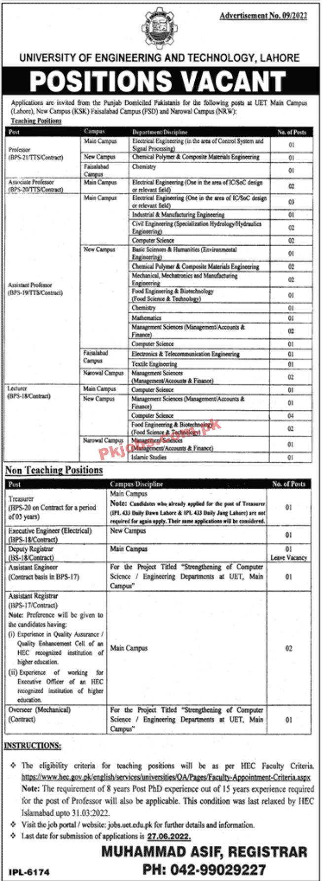 Jobs in University of Engineering and Technology UET Lahore