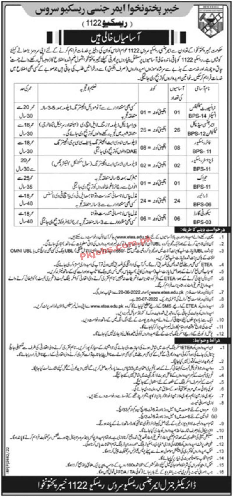 KPK Khyber Pakhtunkhwa Emergency Service (Rescue 1122) Pakistan Government Jobs 2022 Advertisement – Pk Jobs