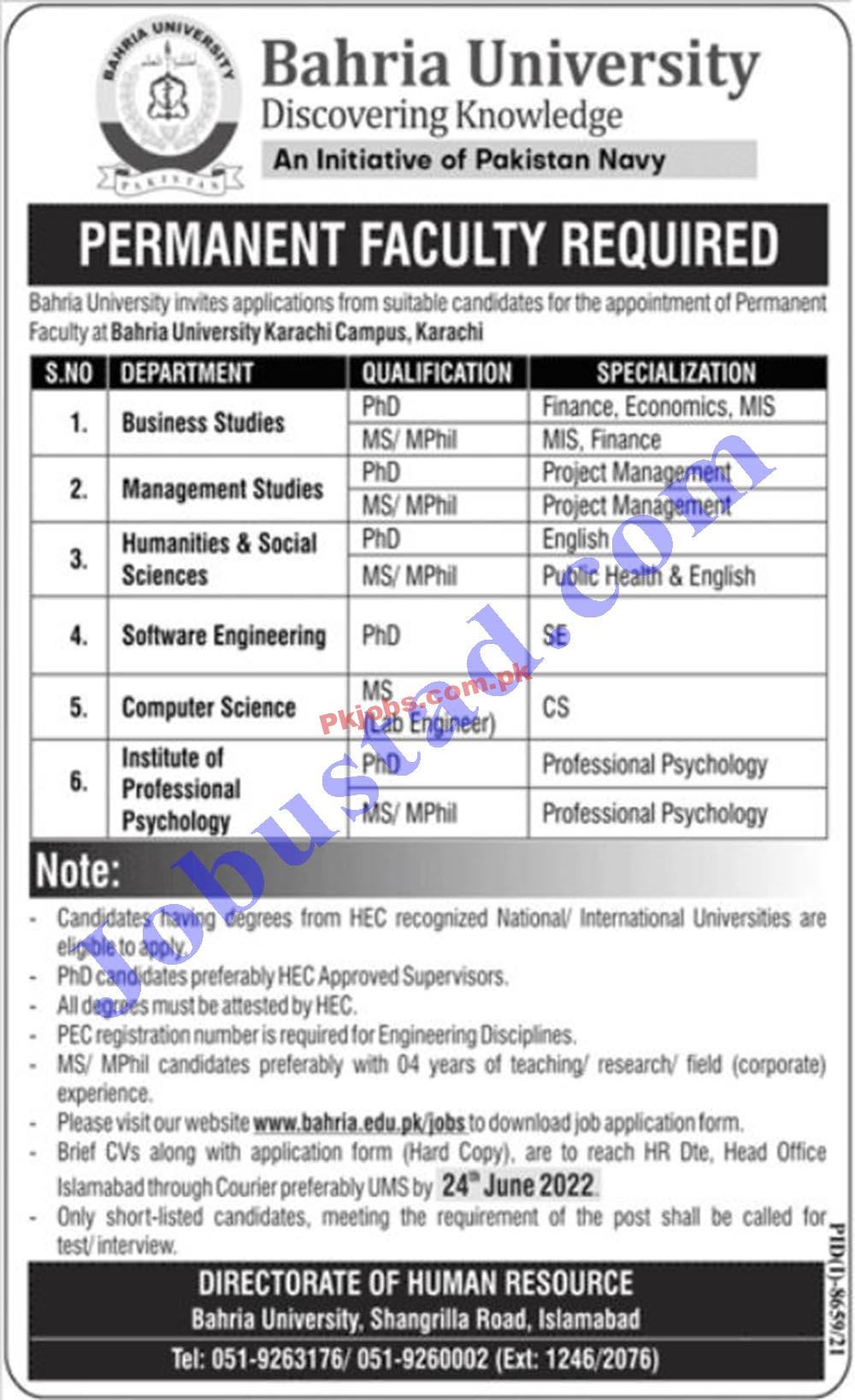 Karachi Bahria University Pakistan Latest Today Jobs 2022 Advertisement – Pk Jobs