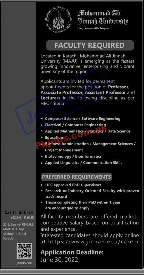 Karachi Muhammad Ali Jinnah University New Vacancy Jobs 2022 Advertisement – Pk Jobs