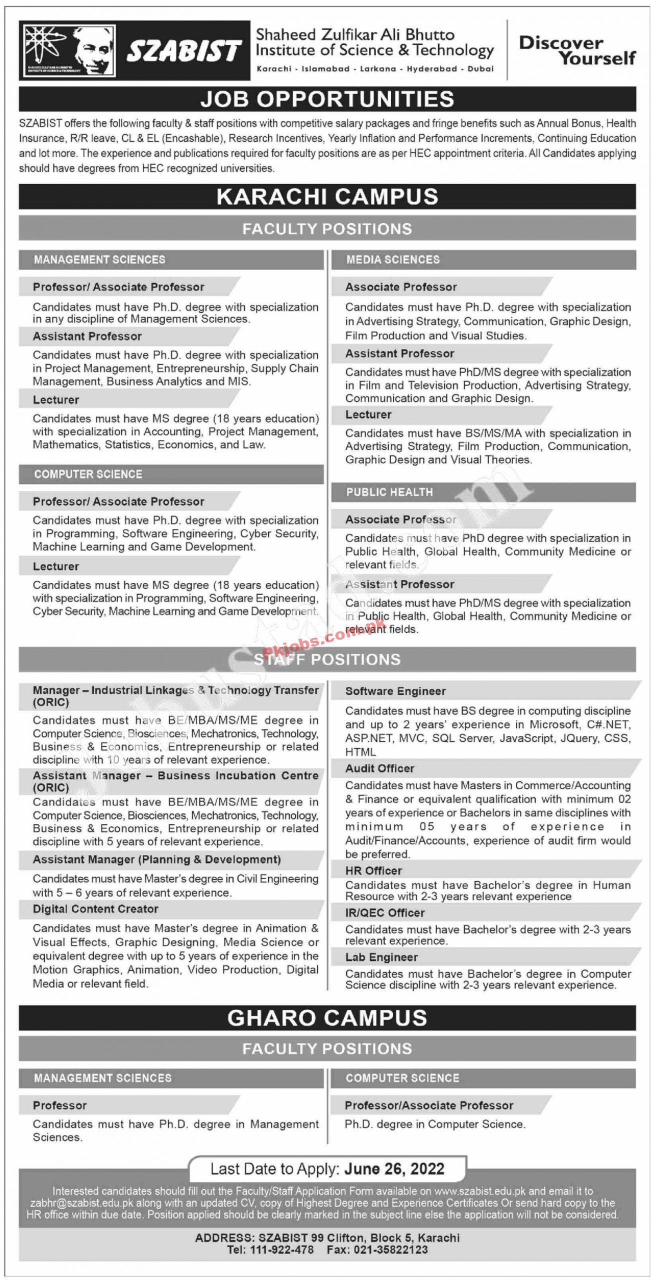 Karachi Shaheed Zulfikar Ali Bhutto Institute of Science and Technology SZABIST New Government Pakistan Jobs 2022 Advertisement – Pk Jobs