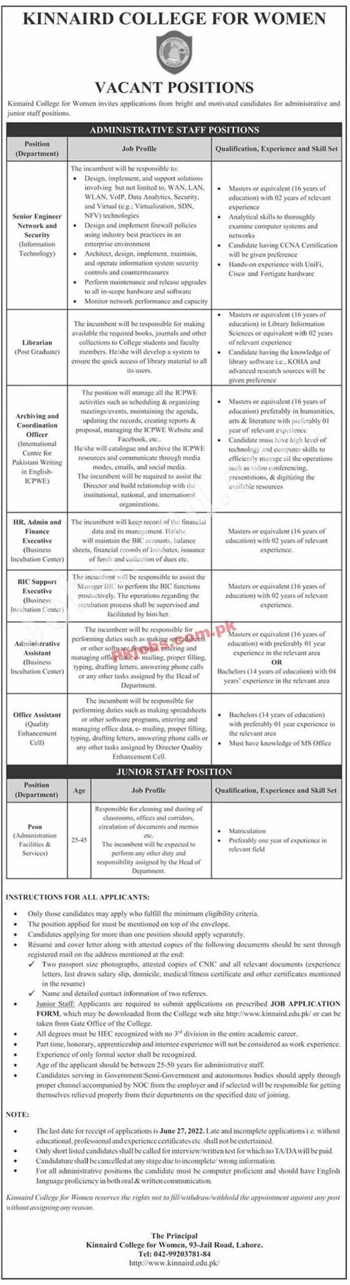 Lahore Kinnaird College for Women Today New in Pakistan Jobs 2022 Advertisement – Pk Jobs