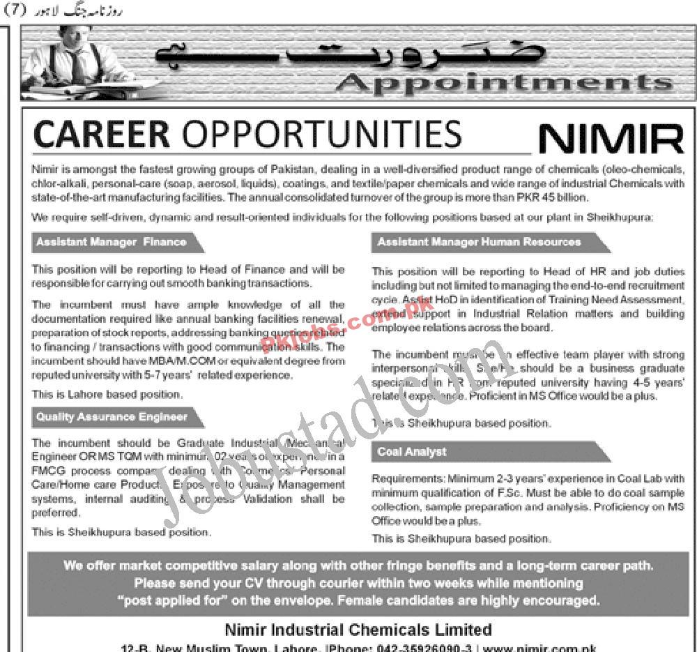 Lahore Nimir Industrial Chemicals limited Today Pakistan Jobs 2022 Advertisement – Pk Jobs