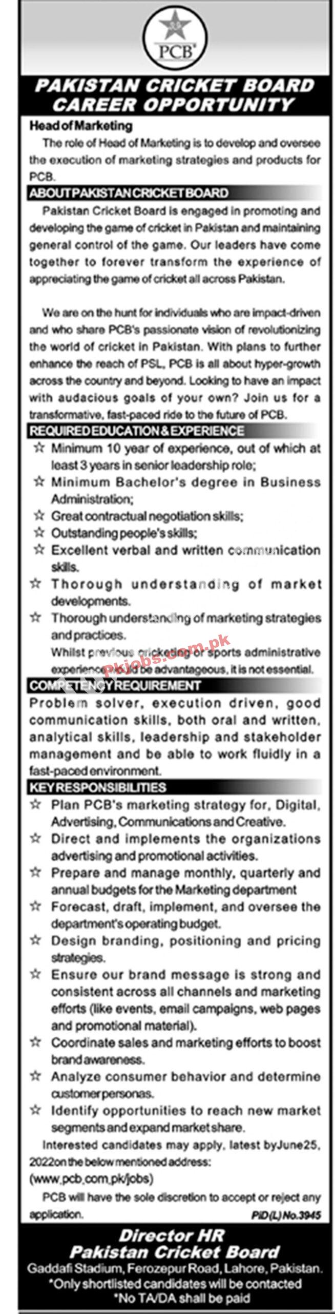 Lahore Pakistan Cricket Board PCB Government in Pakistan Today Jobs 2022 Advertisement – Pk Jobs