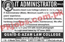 Lahore Quaid E Azam Law College Govt It Jobs 2022 Advertisement – Pk Jobs