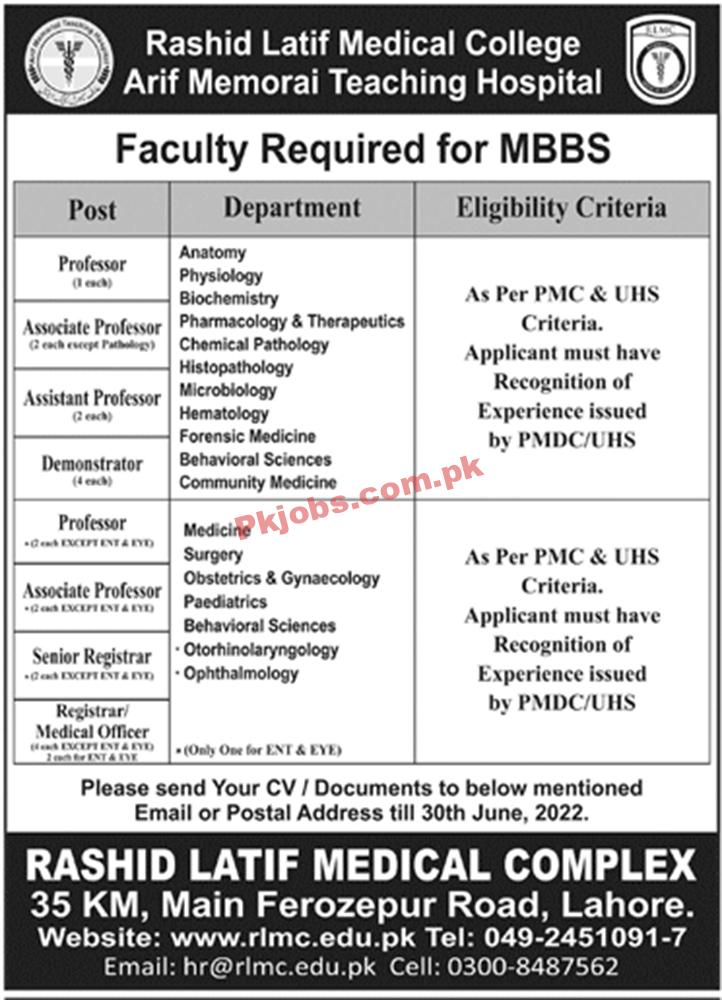 Lahore Rashid Latif Medical College Pakistan Government Jobs 2022 Advertisement – Pk Jobs