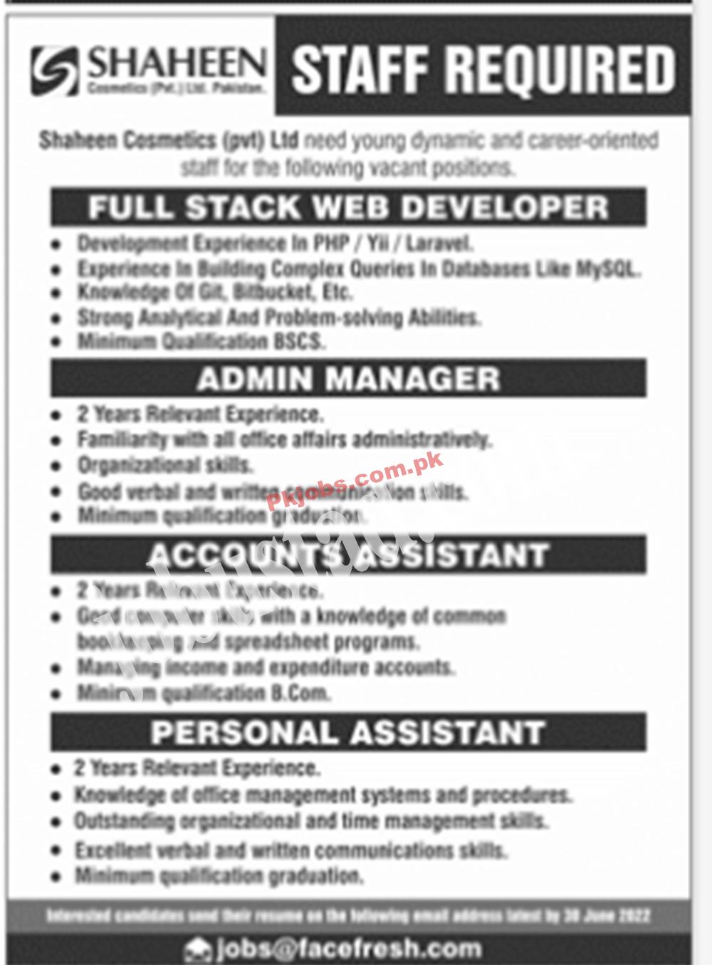 Lahore Shaheen Cosmetic Pvt New Pakistan Today Jobs 2022 Advertisement – Pk Jobs