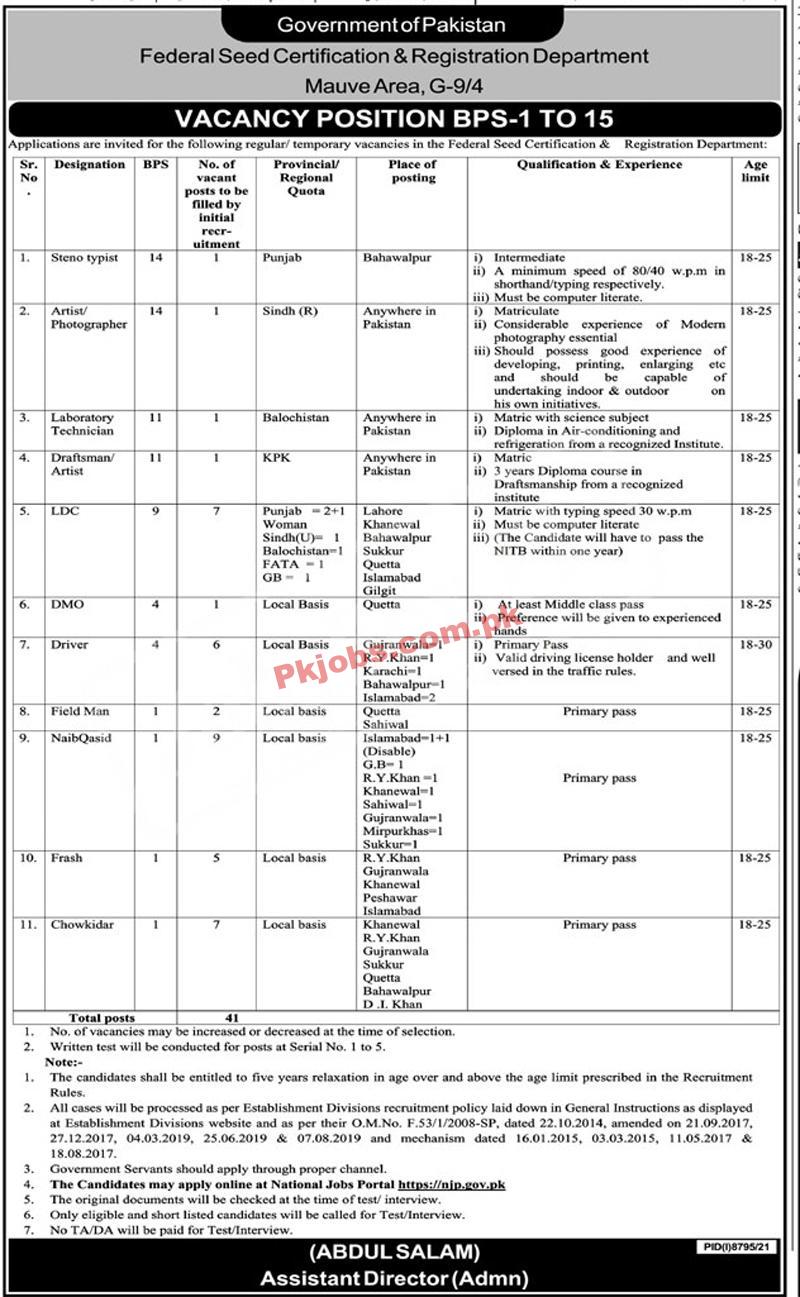 Pakistan Federal Seed Certification and Registration Department Most Recent Government Jobs 2022 Advertisement – Pk Jobs