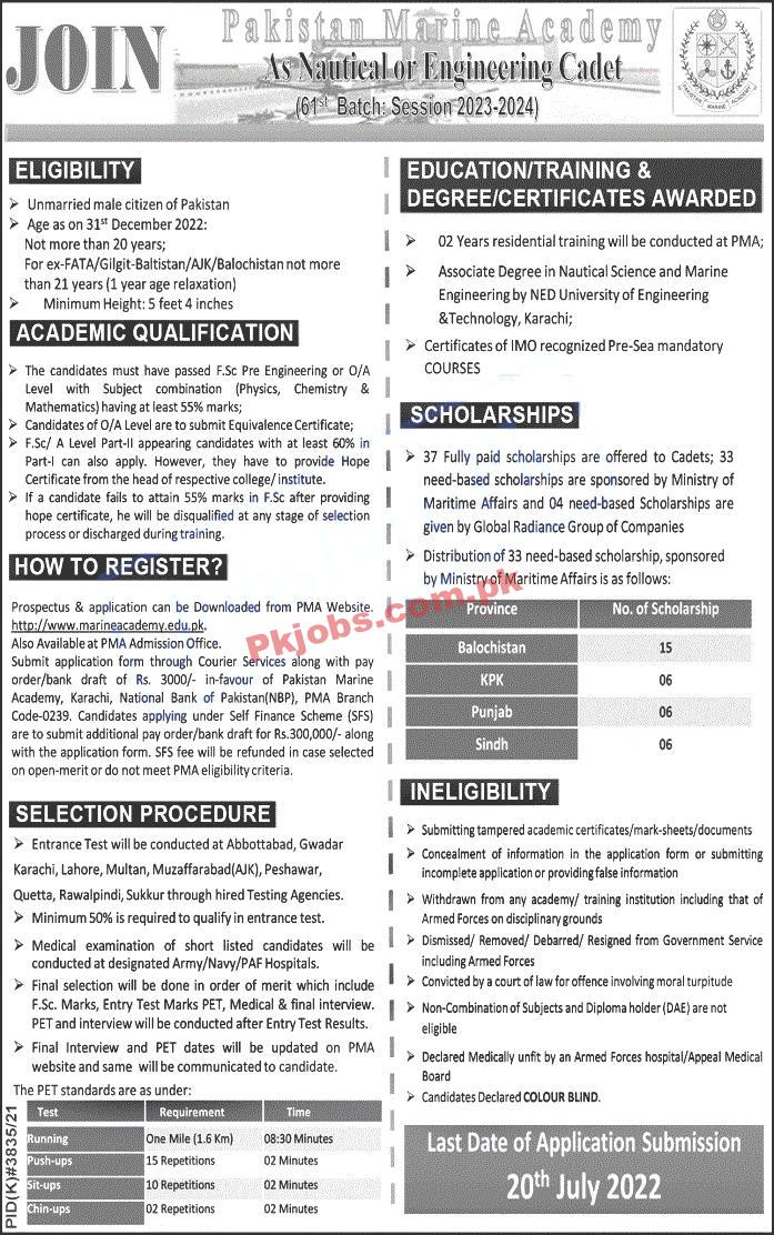 Pakistan Marine Academy New Govt in Pakistan Today Jobs 2022 Advertisement – Pk Jobs