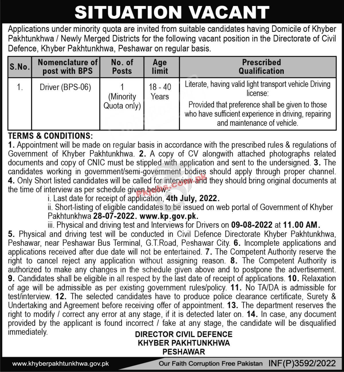 Peshawar Directorate of Civil Defence KPK Latest in Pakistan Jobs 2022 Advertisement – Pk Jobs