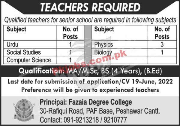 Peshawar Fazaia Degree College Latest Govt Jobs 2022 Advertisement – Pk Jobs