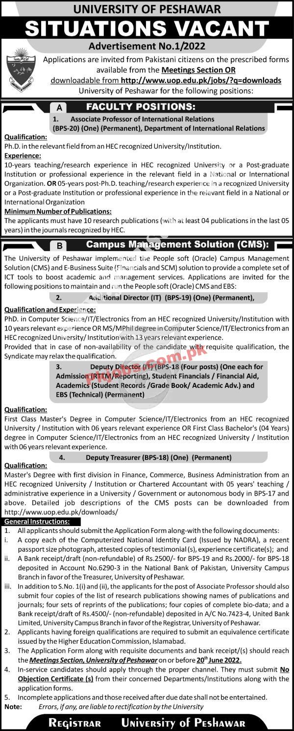 Peshawar University of UOP Government in Pakistan Today Jobs 2022 Advertisement – Pk Jobs