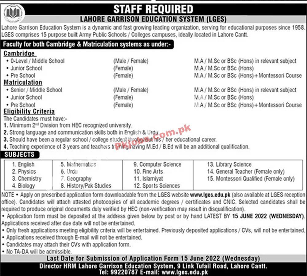 Punjab Lahore Garrison Education System LGES Upcoming Govt Jobs 2022 Advertisement – Pk Jobs