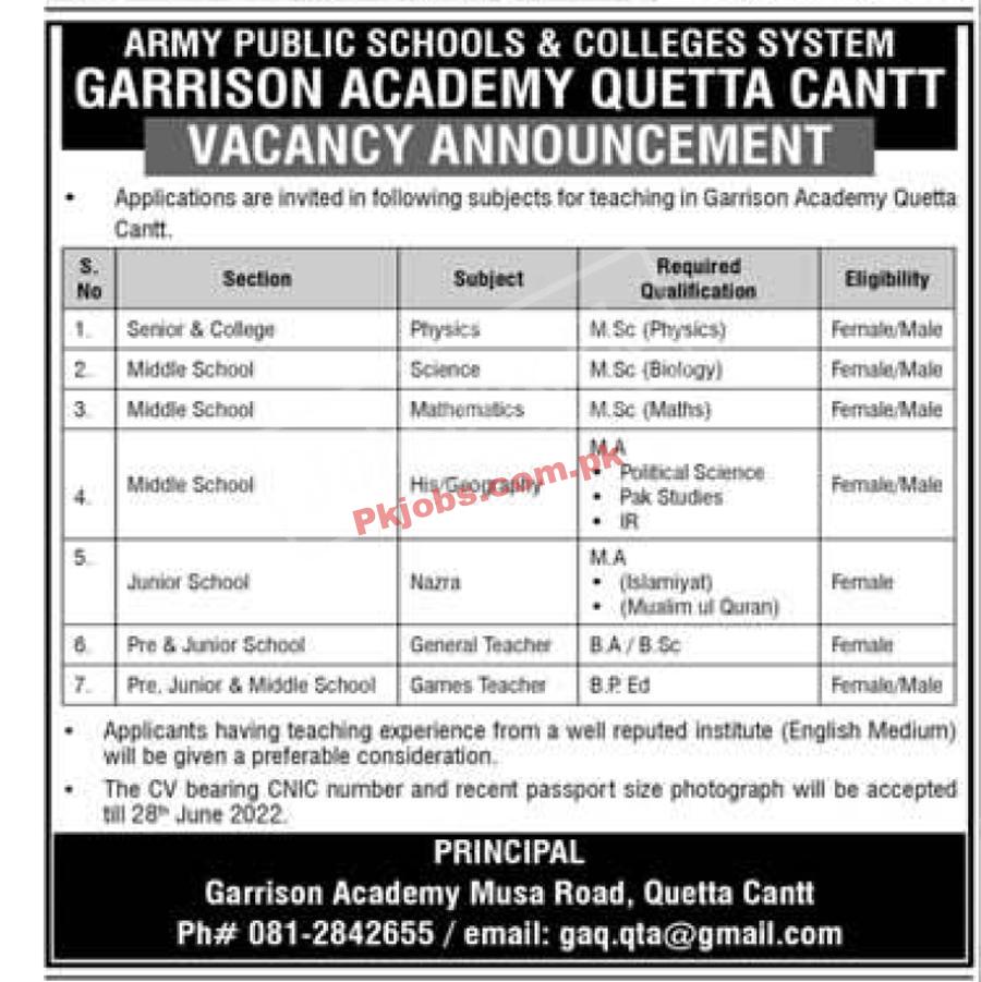 Quetta Army Public Schools and Colleges System Pakistan Latest Jobs 2022 Advertisement – Pk Jobs