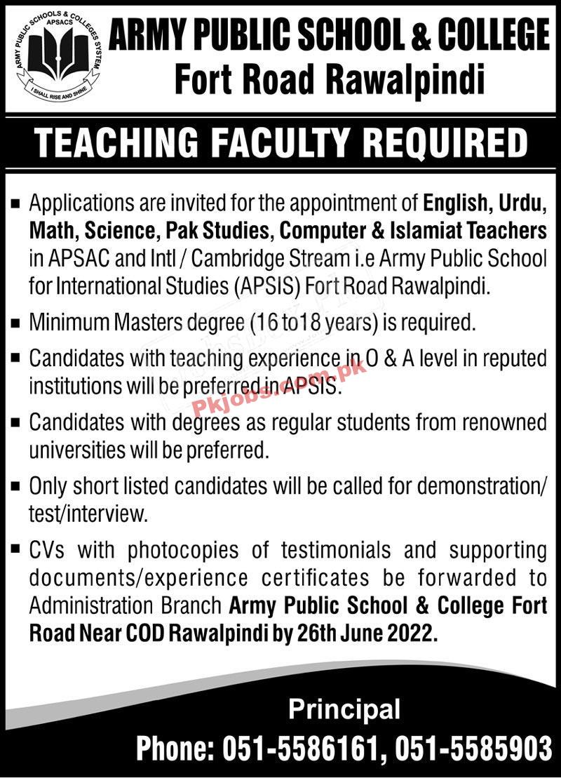 Rawalpindi Army Public Schools and Colleges System New Today Jobs 2022 Advertisement – Pk Jobs