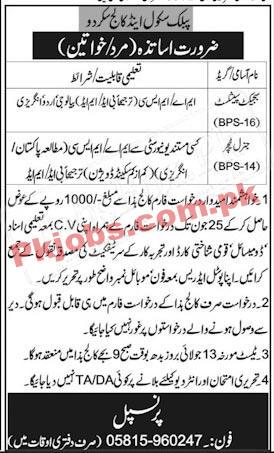 Skardu District Public School and College Today Latest Govt Jobs 2022 Advertisement – Pk Jobs