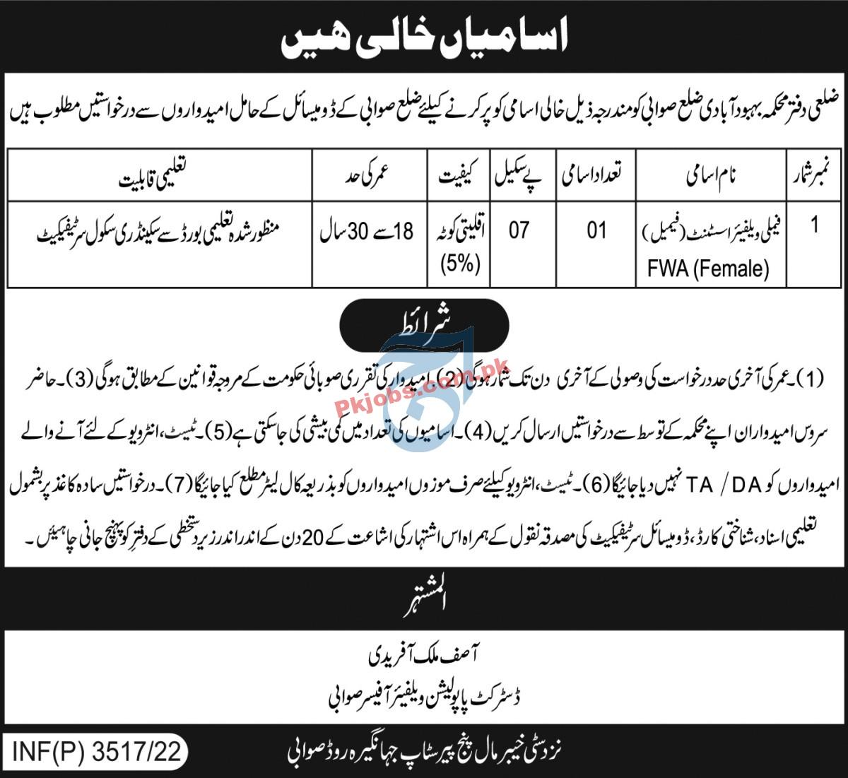 Welfare Jobs 2022 | Population Welfare Department Headquarters Announced Latest Advertisement Jobs 2022