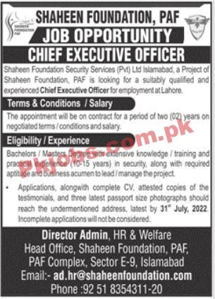 PAF Jobs 2022 | Pakistan Air Force PAF Shaheen Foundation Headquarters Announced Latest Advertisement Jobs 2022