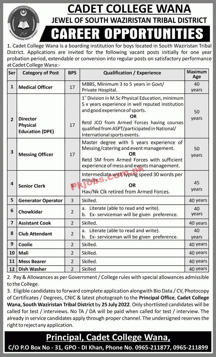 Jobs in Cadet College WANA