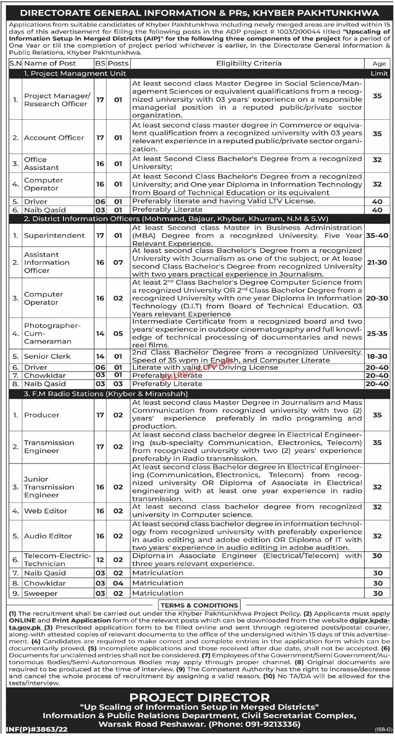 Jobs in Directorate General Information & PRs Khyber Pakhtunkhwa