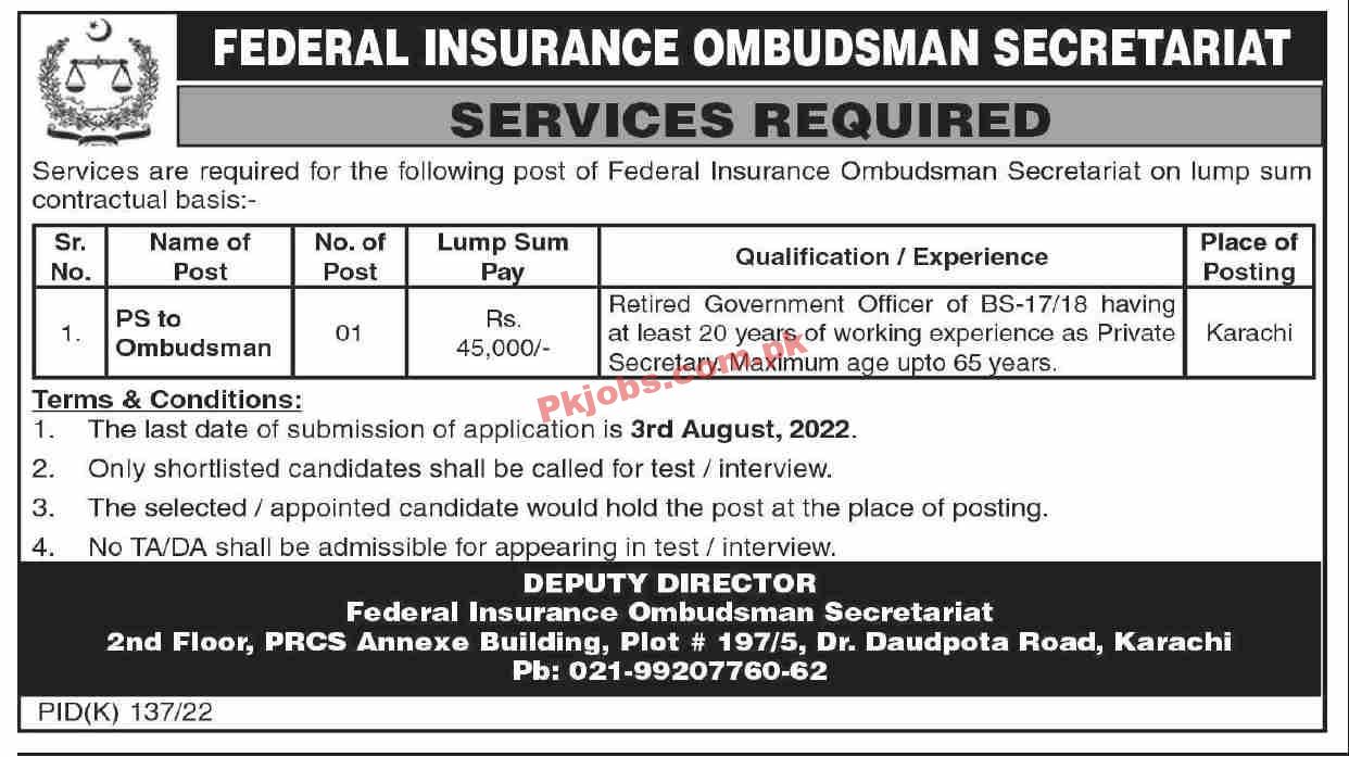 Jobs in Federal Insurance Ombudsman Secretariat