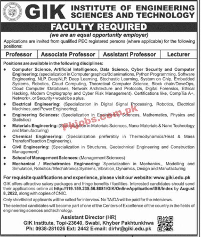 Jobs in GIK Institute of Engineering Sciences and Technology