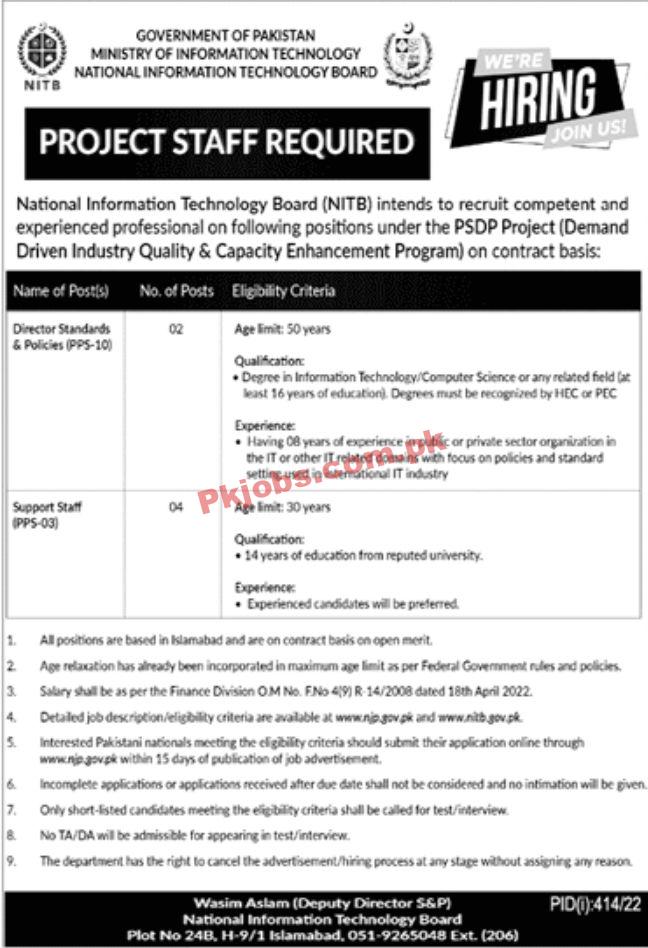 Jobs in Government of Pakistan Ministry of Information Technology National Information Technology Bord NITB