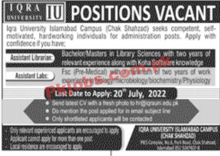 Jobs in IQRA University IU