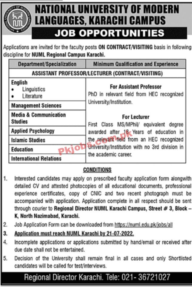 Jobs in NUML Karachi