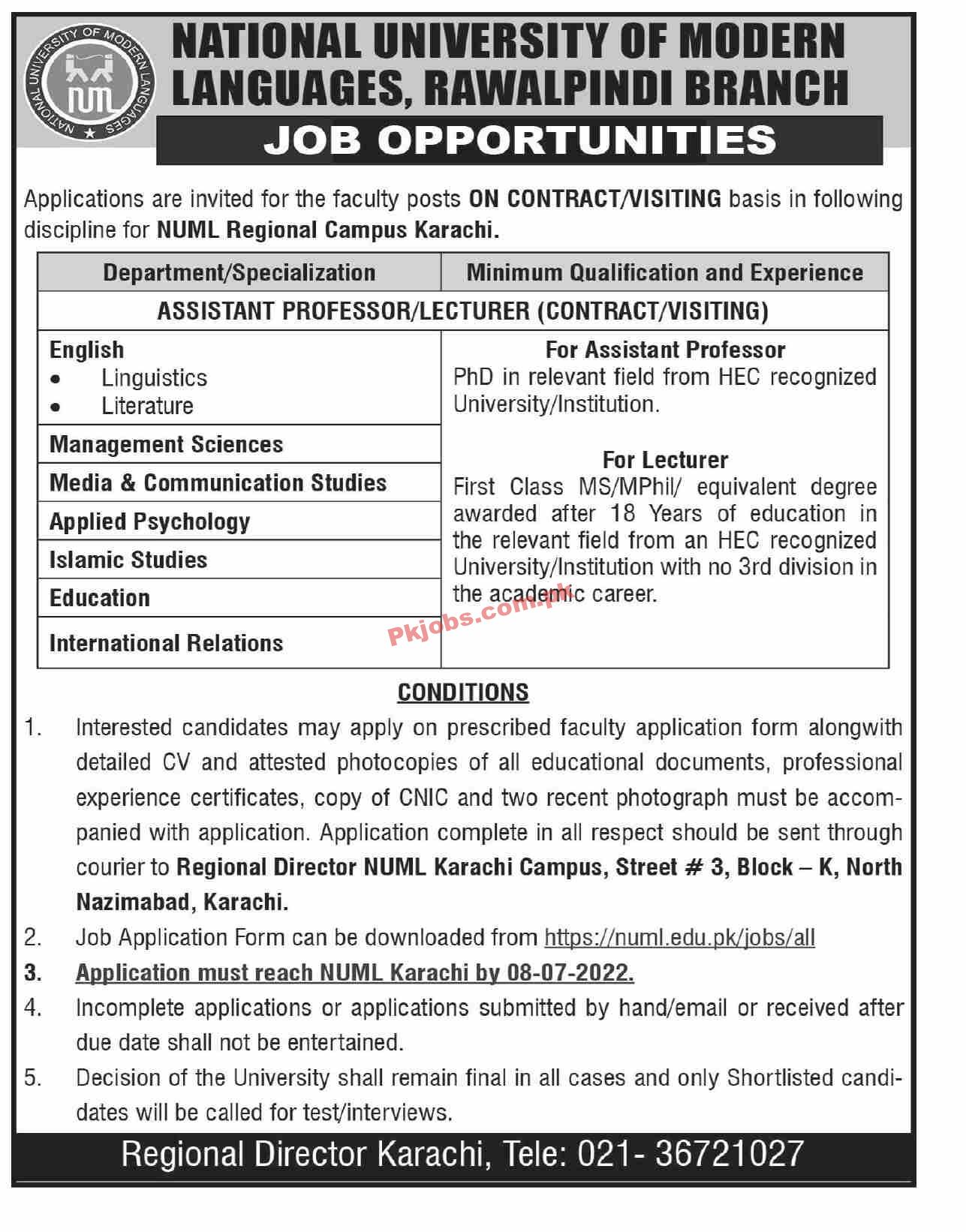 Jobs in NUML Rawalpindi