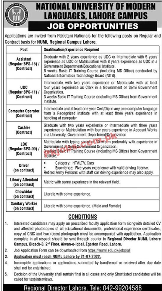 Jobs in National University of Modern Languages NUML Lahore