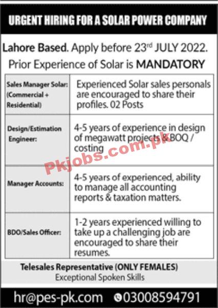 Jobs in Solar Power Company