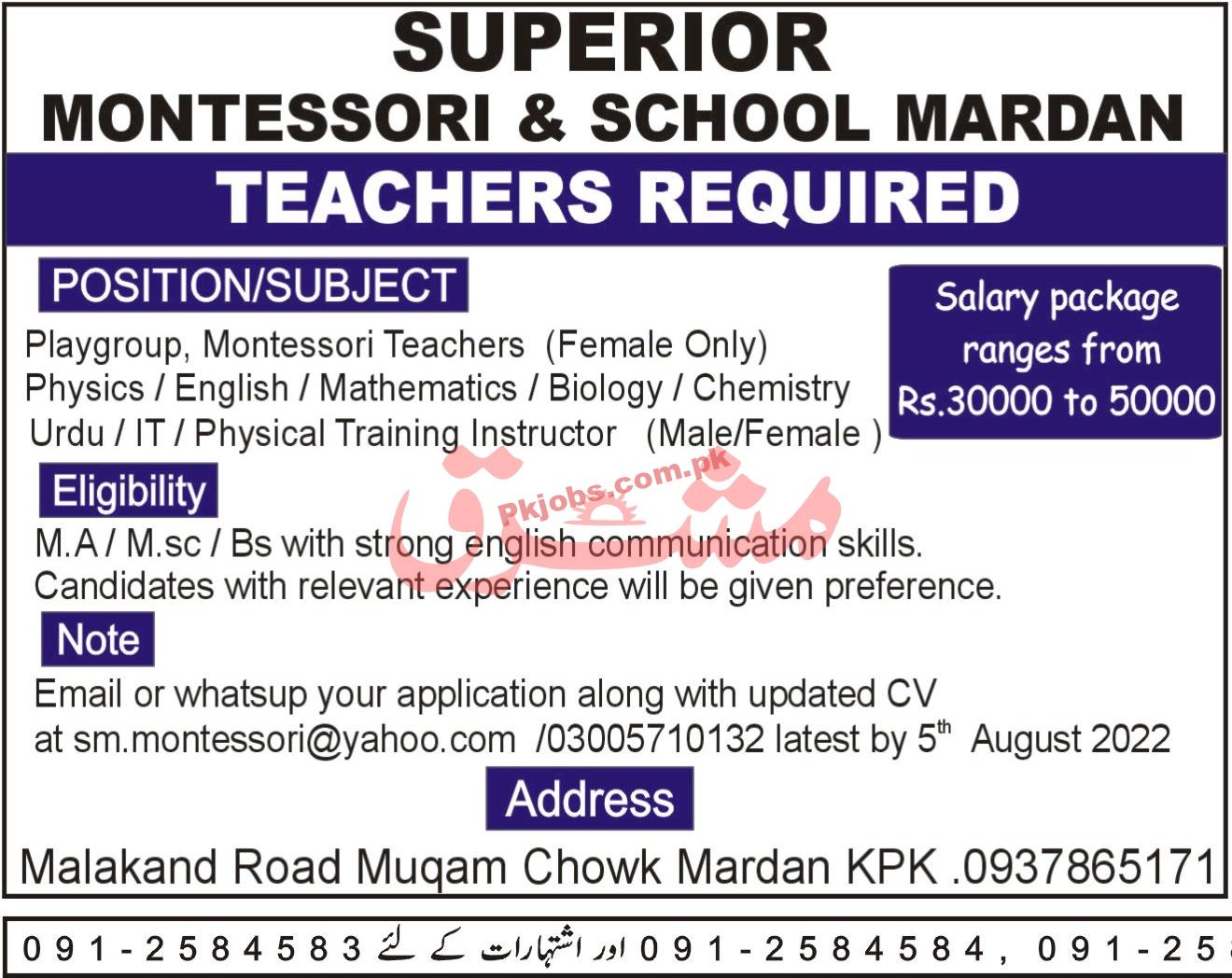 Jobs in Superior Montessori & School Mardan