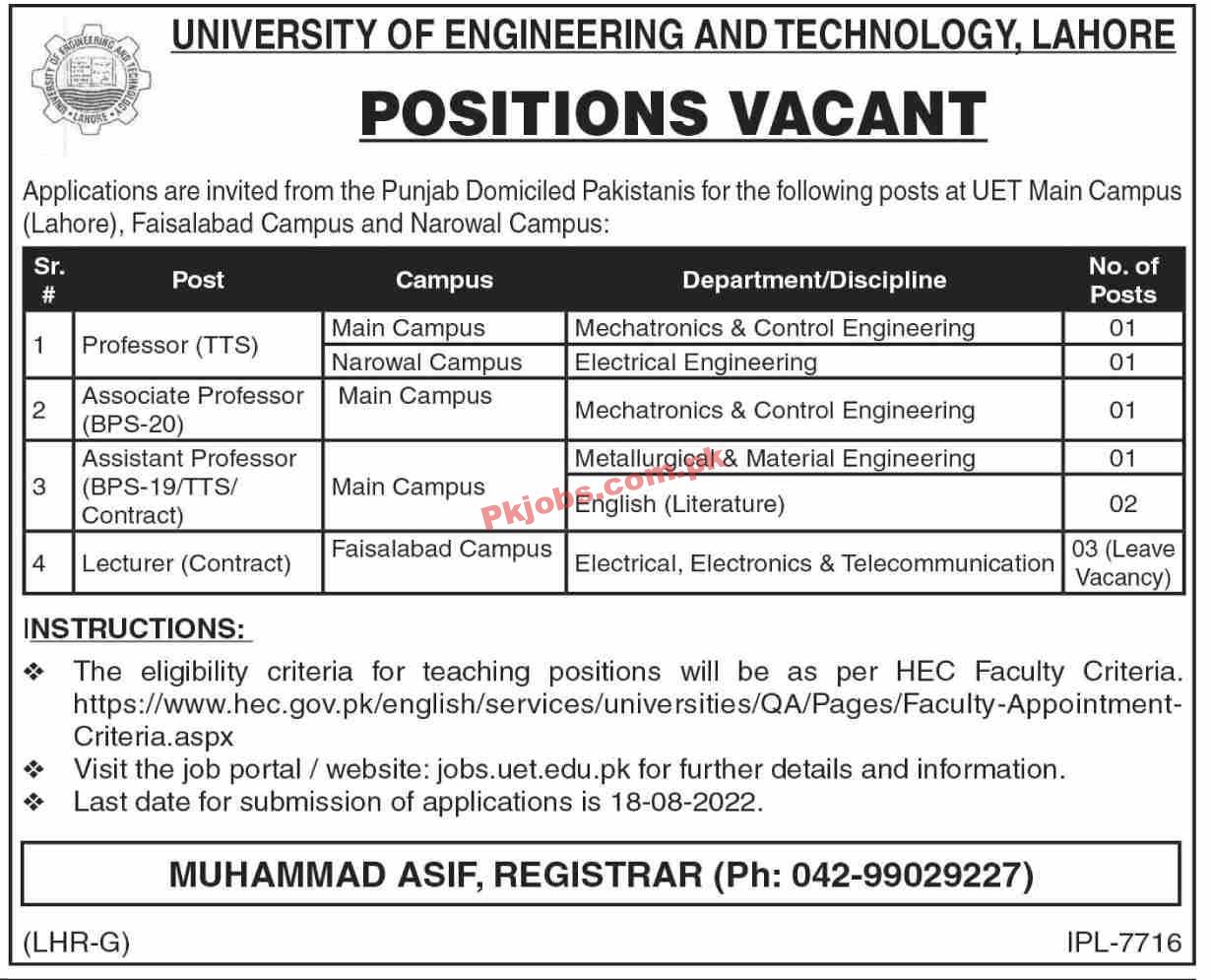 Jobs in University of Engineering and Technology Lahore