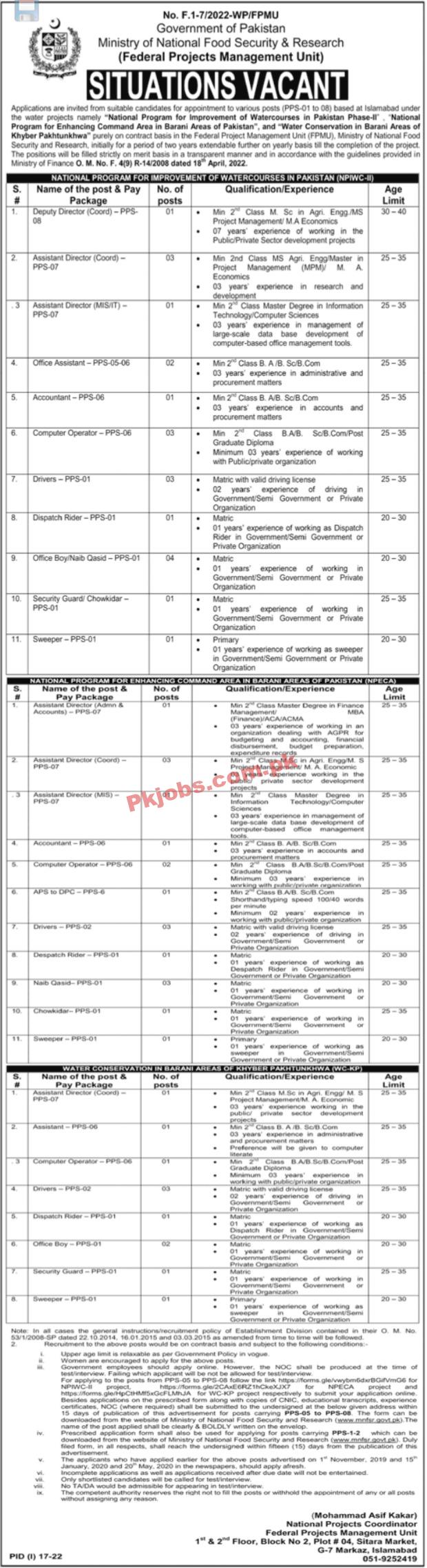 Ministry of National Food Security & Research Headquarters Announced Latest Recruitments Jobs 2022