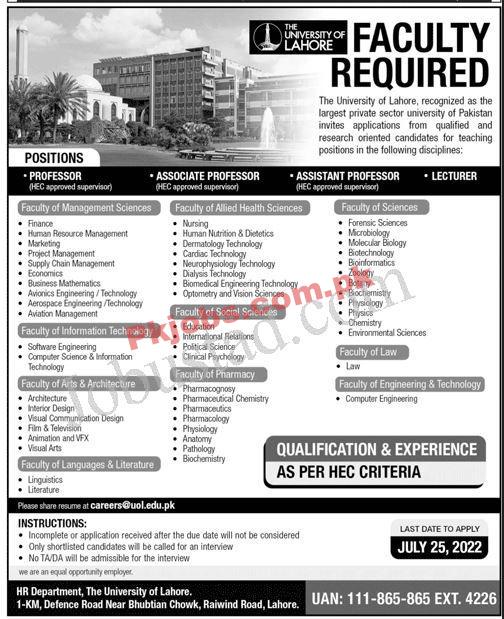 New Jobs 2022 Today – 2022 Advertisement Lahore The University of Jobs – – Pk Jobs