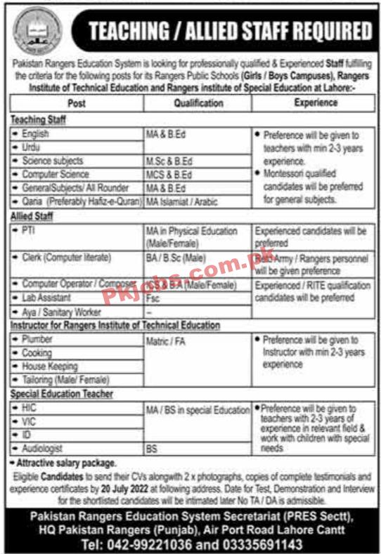 Rangers Jobs 2022 | Pakistan Rangers Education System Secretariat Headquarters Announced Latest Advertisement Jobs 2022