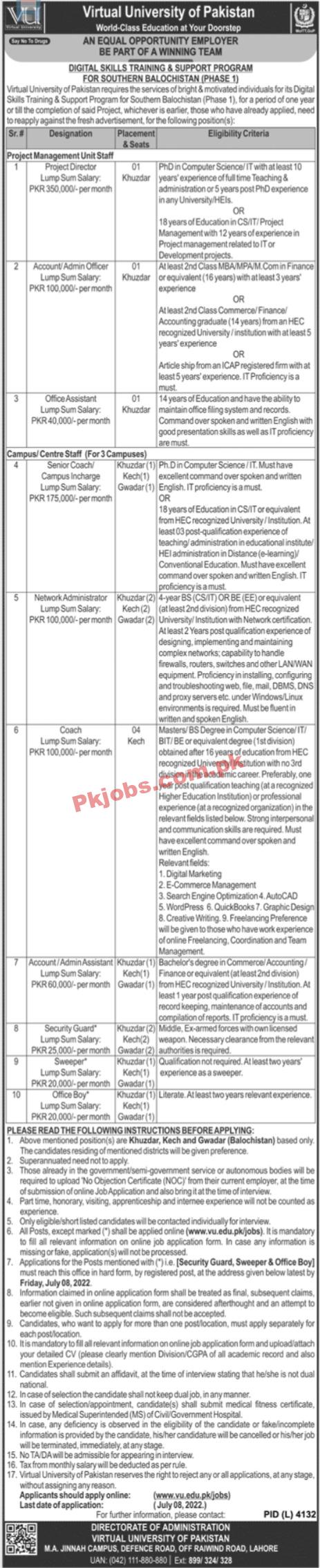 Virtual University of Pakistan Head Office Announced Latest Recruitments Jobs 2022