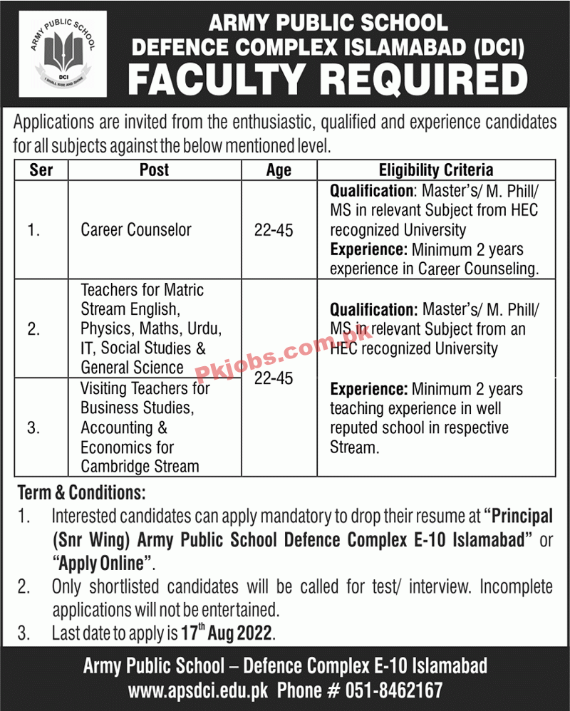 Jobs in Army Public School Islamabad