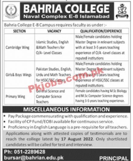 Jobs in Bahria College Islamabad