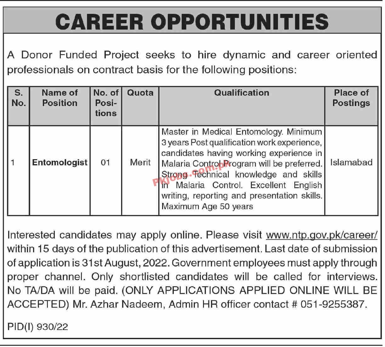 Jobs in Donor Funded Project Islamabad