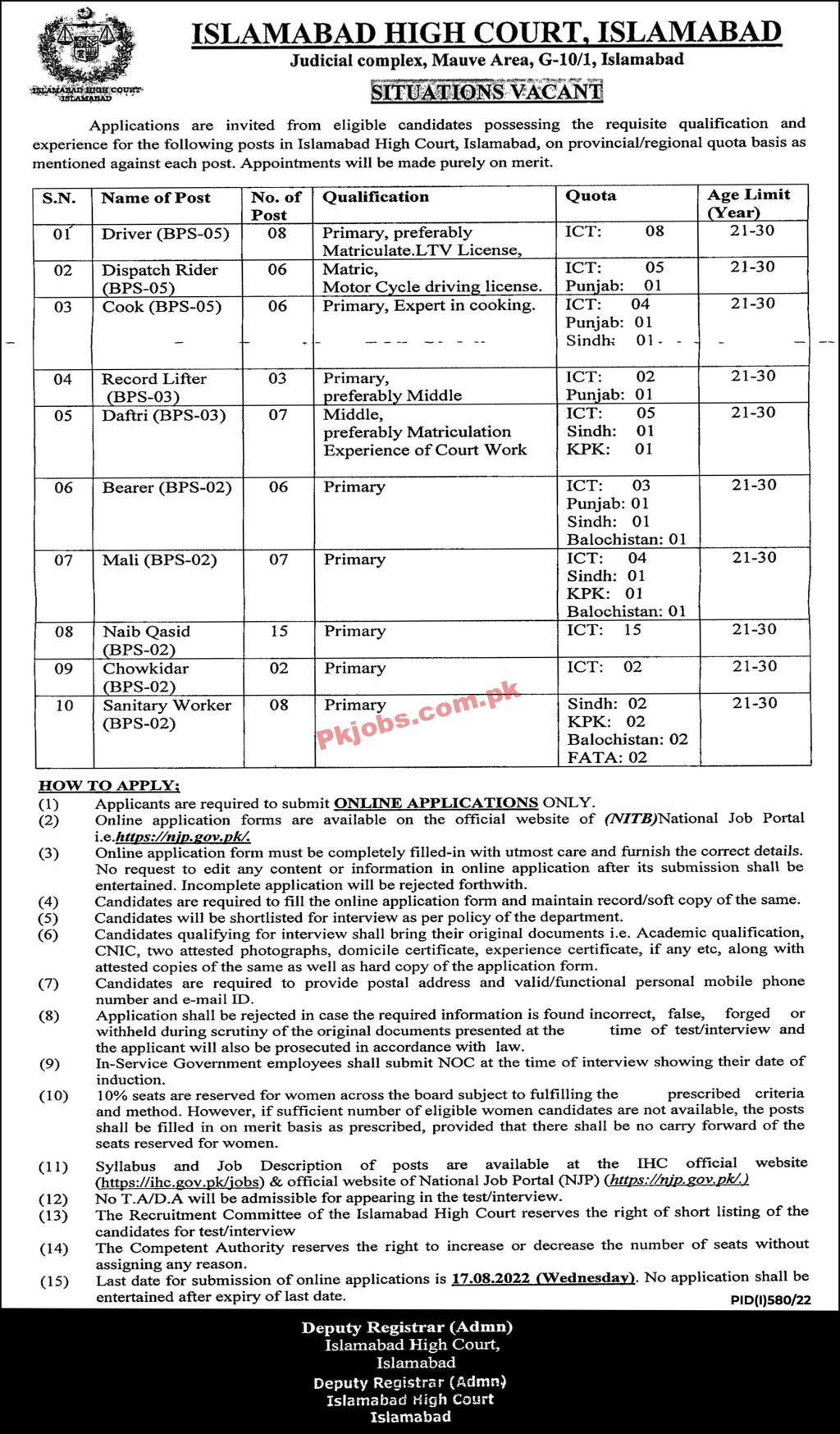 Jobs in Islamabad High Court Islamabad